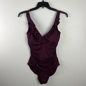 Lauren Ralph Lauren Womens Ruffle V-Neck One-Piece Swimsuit Size 12